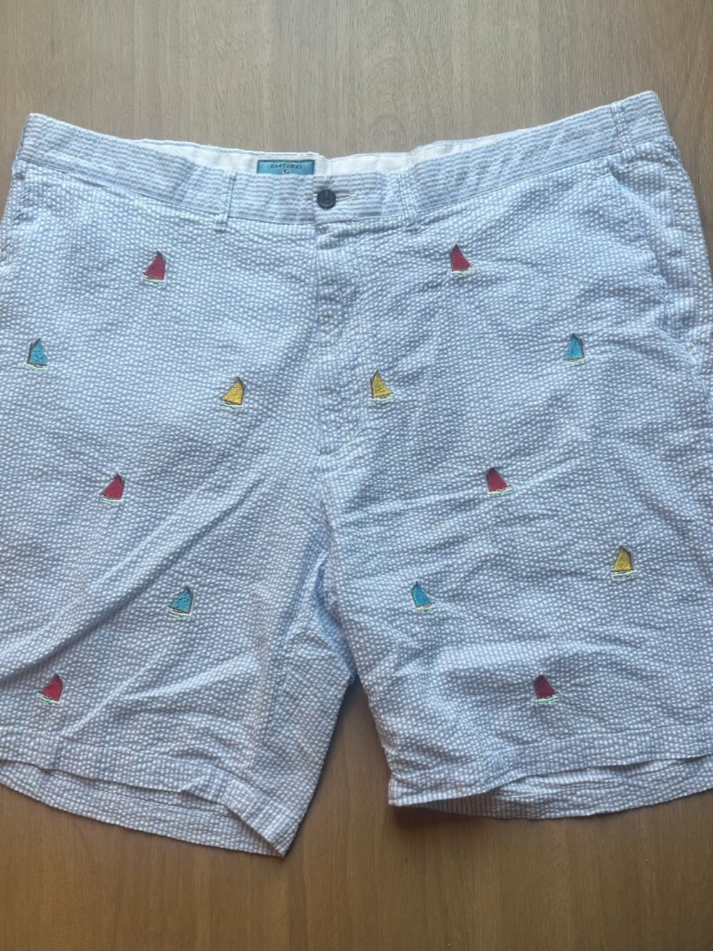 Castaway Nantucket Island Men's Blue Seersucker Beach Coastal Shorts Size 42
